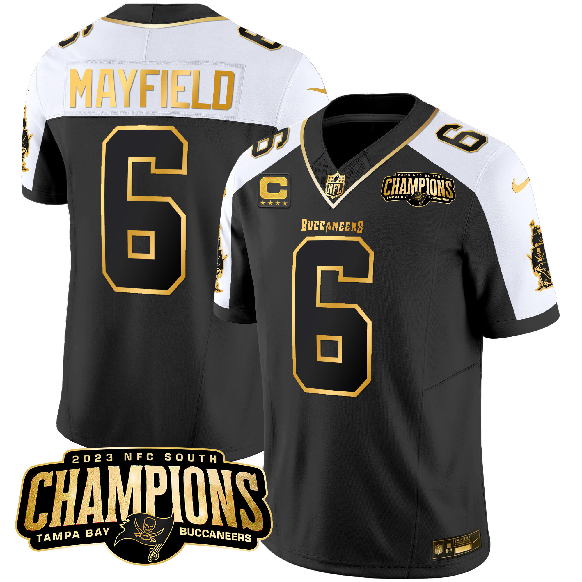 Baker Mayfield Men's Tampa Bay Buccaneers 2023 NFC South Champions Patch Gold Vapor Alternate Jersey - All Stitched 