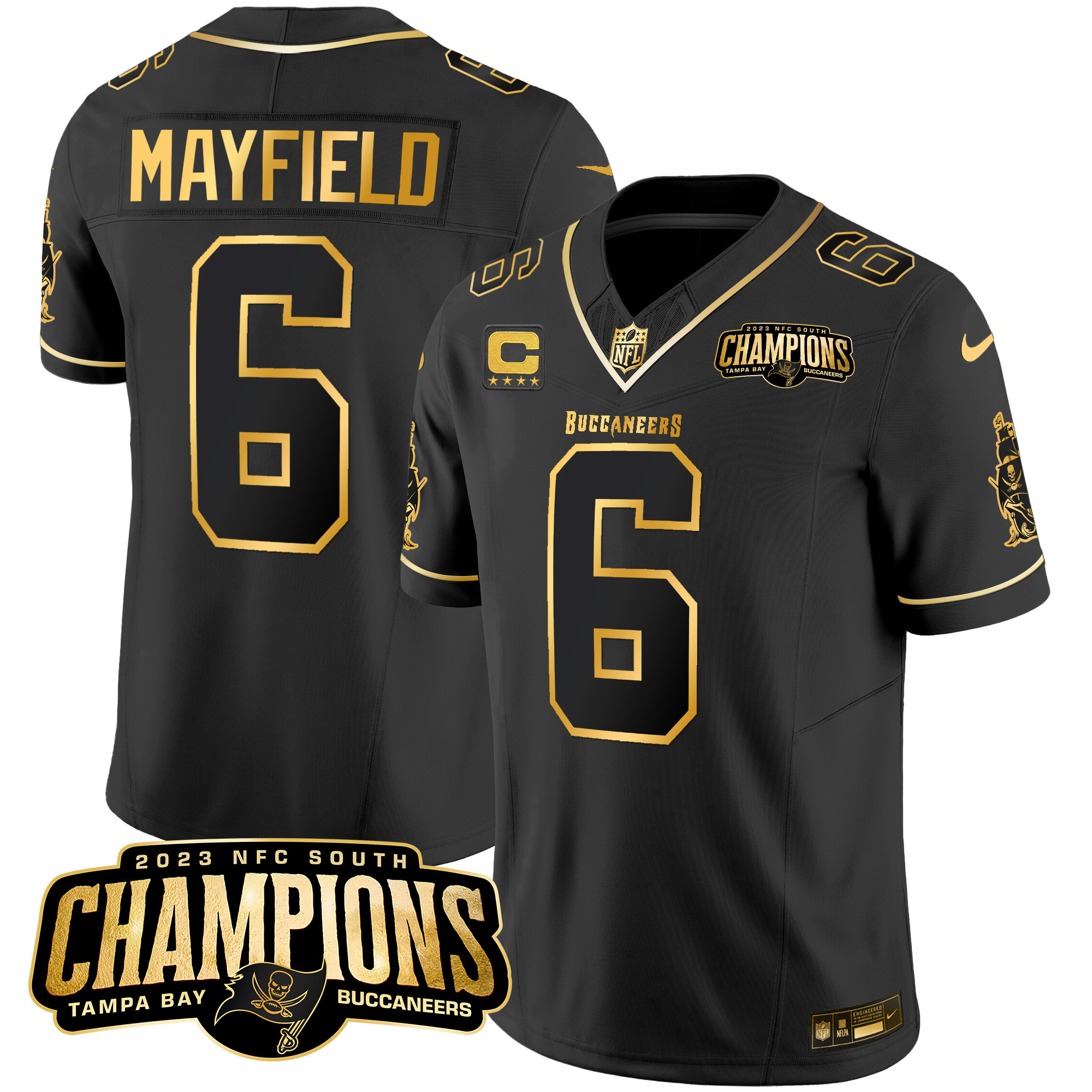 Baker Mayfield Men's Tampa Bay Buccaneers 2023 NFC South Champions Patch Gold Vapor Black Gold Jersey - All Stitched 