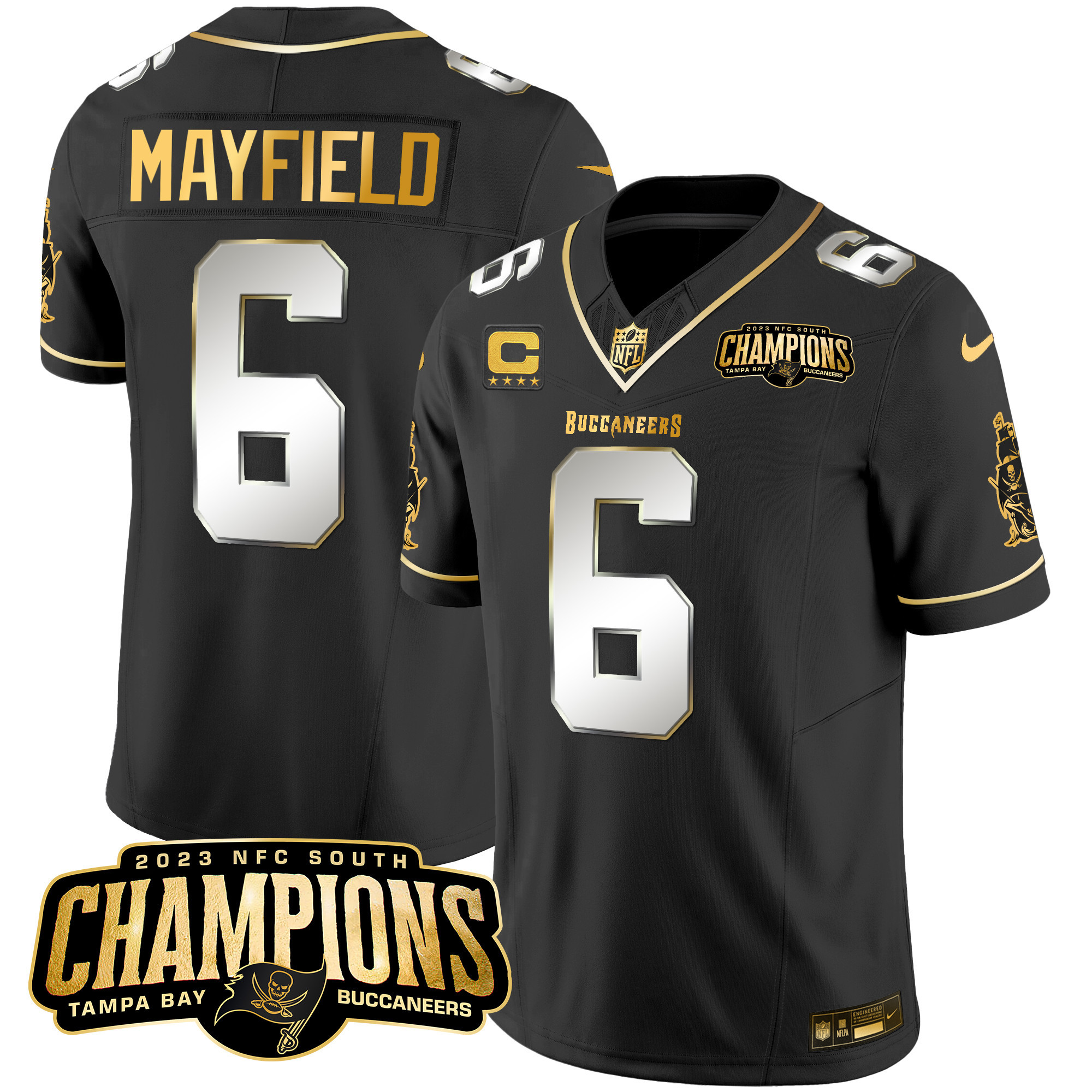 Baker Mayfield Men's Tampa Bay Buccaneers 2023 NFC South Champions Patch Gold Vapor Black Limited Jersey - All Stitched 