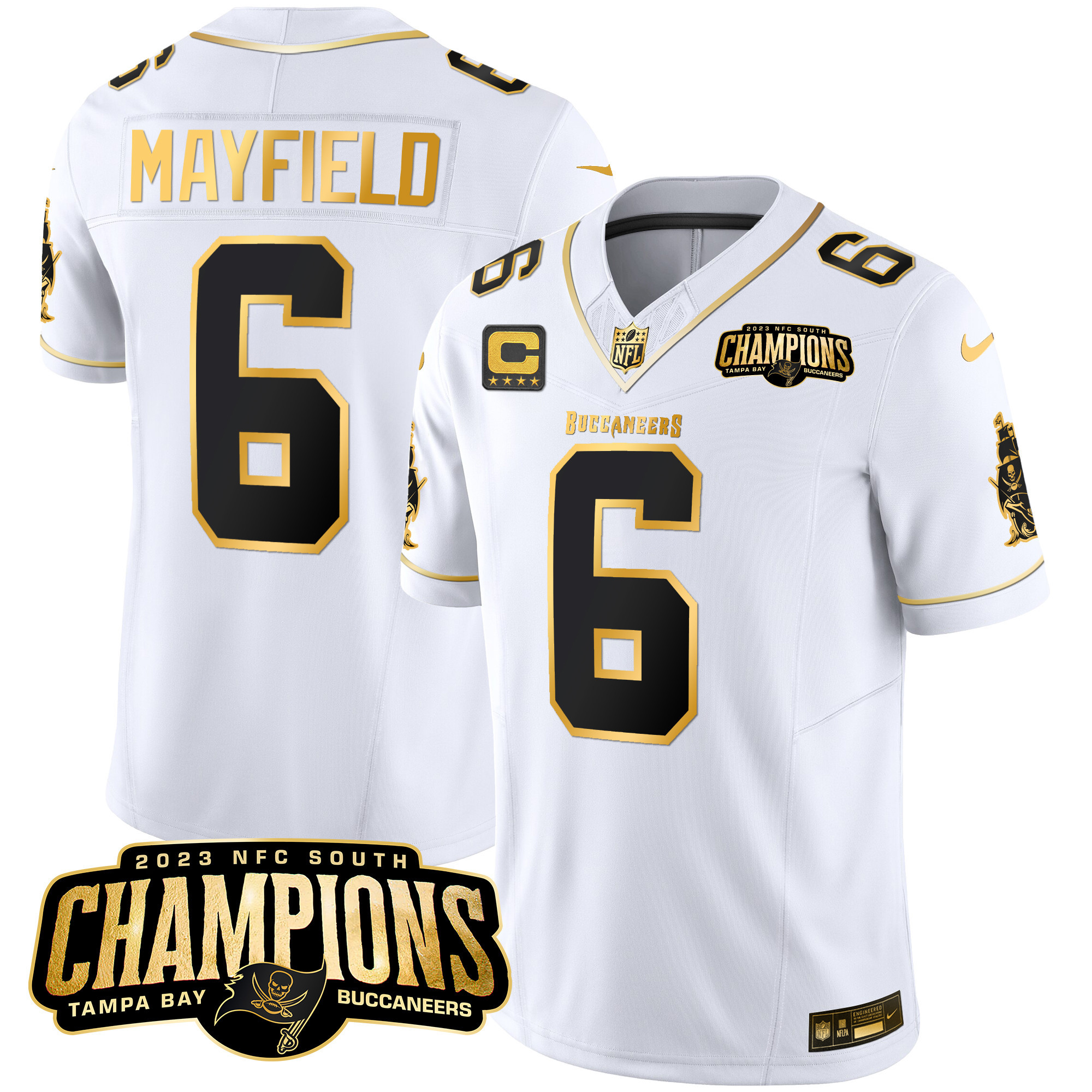 Baker Mayfield Men's Tampa Bay Buccaneers 2023 NFC South Champions Patch Gold Vapor White Gold Jersey - All Stitched 