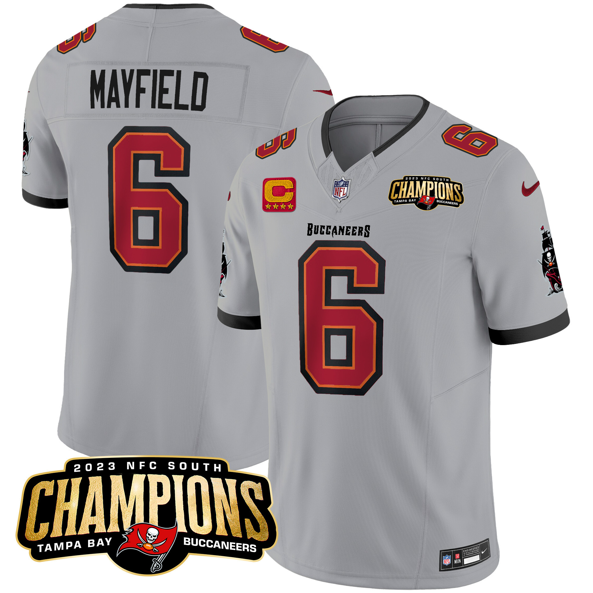 Baker Mayfield Men's Tampa Bay Buccaneers 2023 NFC South Champions Patch Vapor Gray Jersey - All Stitched 