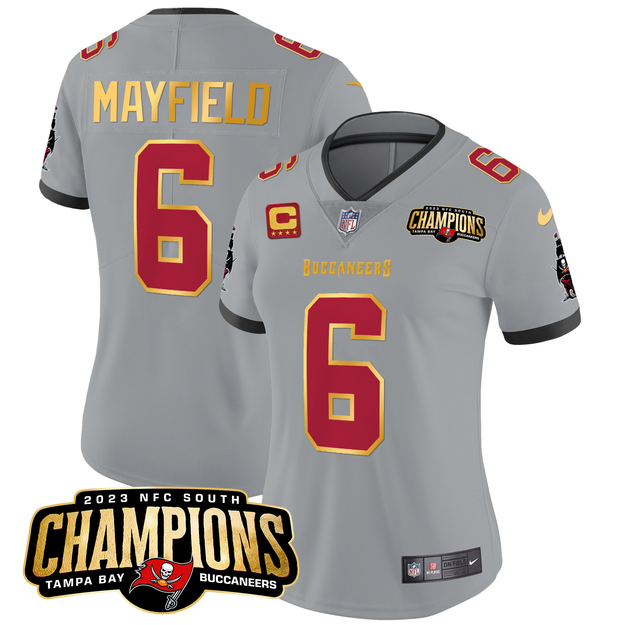 Baker Mayfield Women's Tampa Bay Buccaneers 2023 NFC South Champions Patch Gold Trim Vapor Gray Jersey - All Stitched 