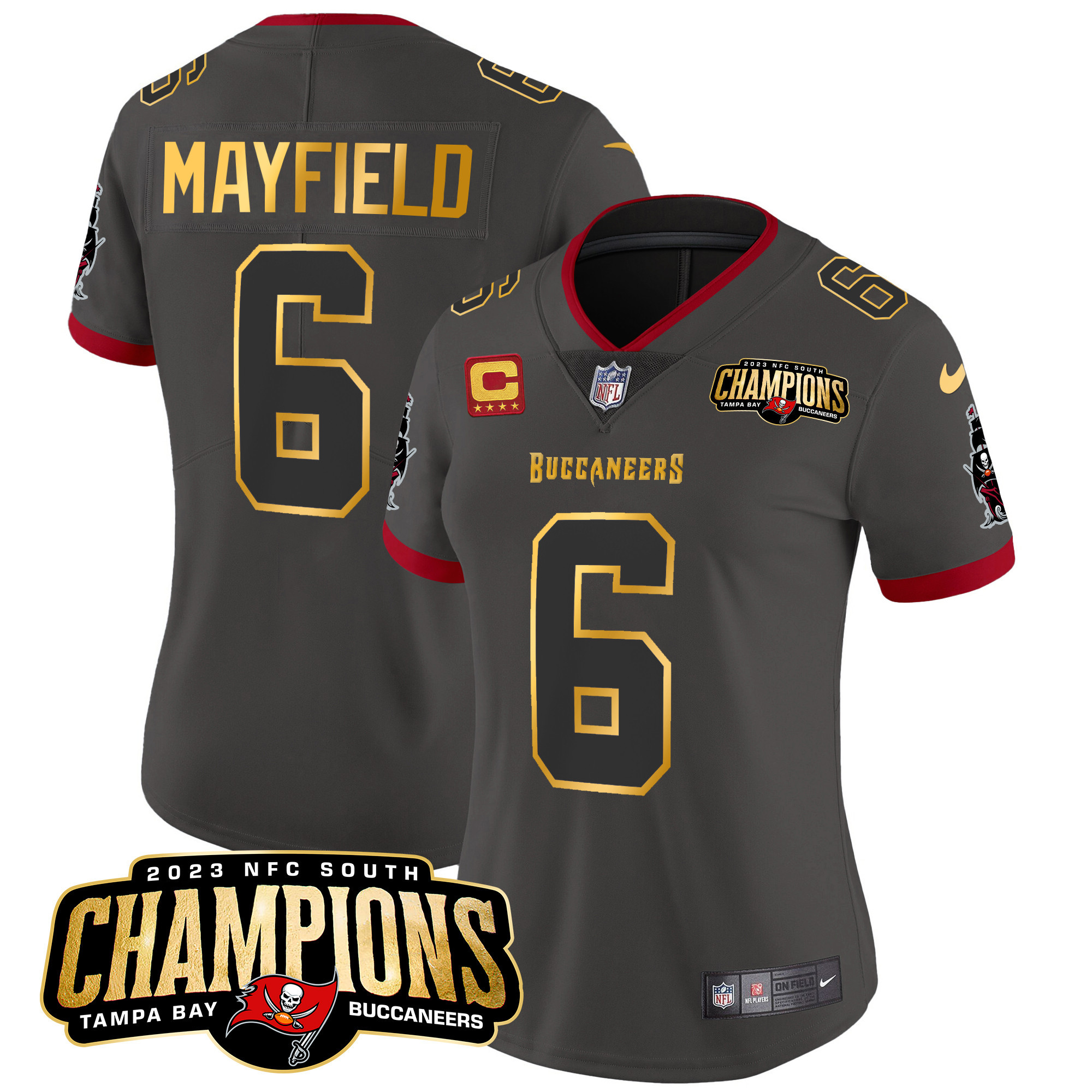 Baker Mayfield Women's Tampa Bay Buccaneers 2023 NFC South Champions Patch Gold Trim Vapor Pewter Jersey - All Stitched 