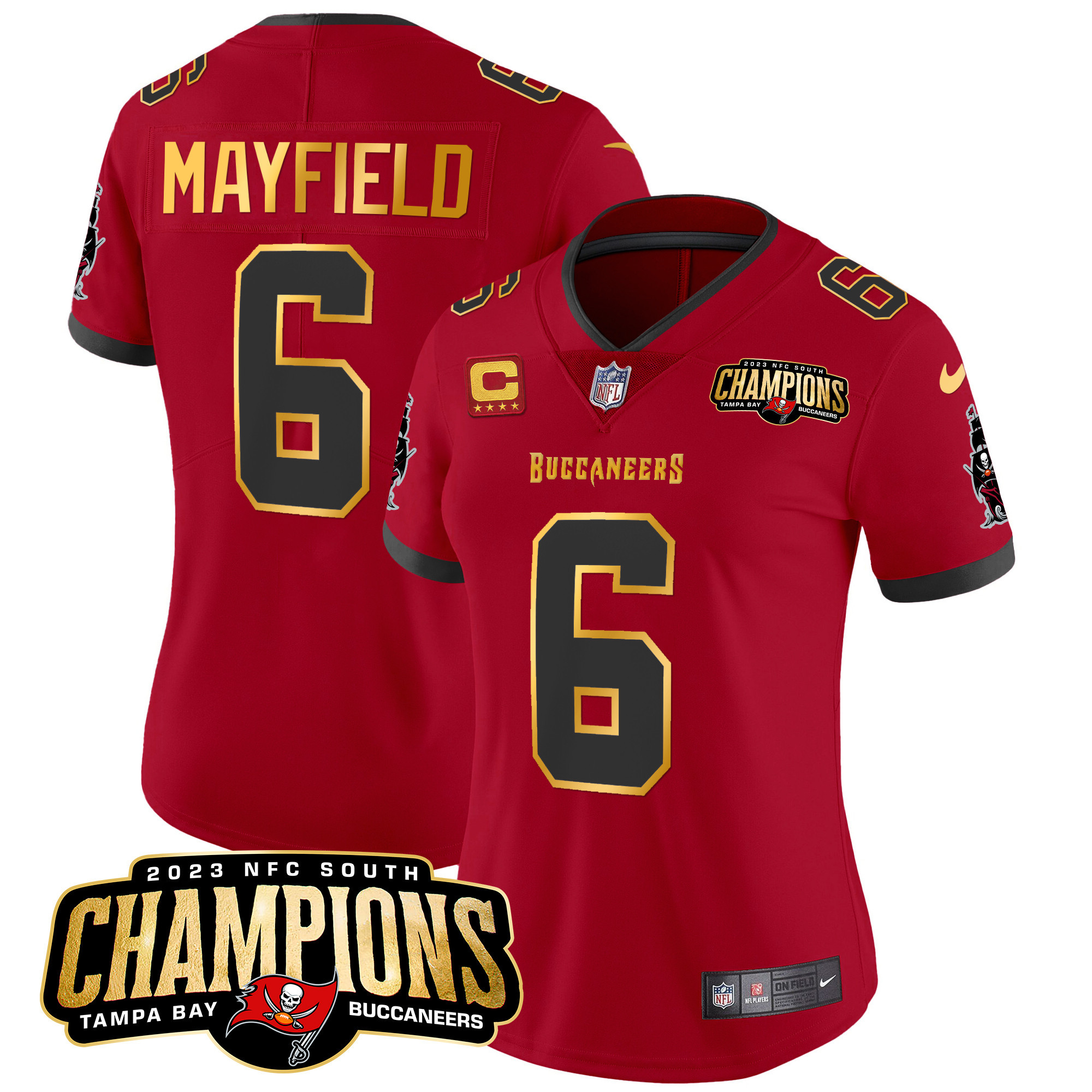 Baker Mayfield Women's Tampa Bay Buccaneers 2023 NFC South Champions Patch Gold Trim Vapor Red Jersey - All Stitched 