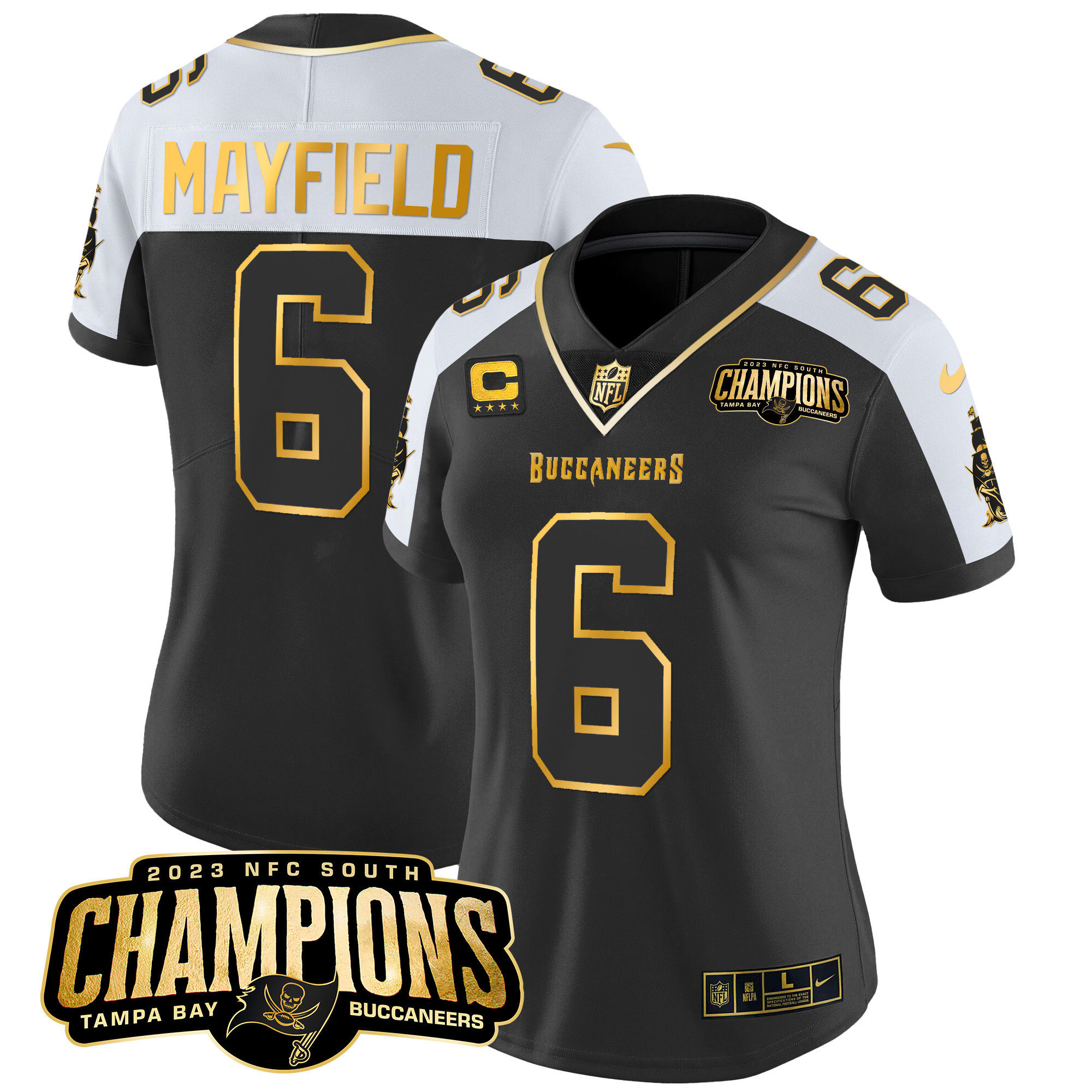 Baker Mayfield Women's Tampa Bay Buccaneers 2023 NFC South Champions Patch Gold Vapor Alternate Jersey - All Stitched 