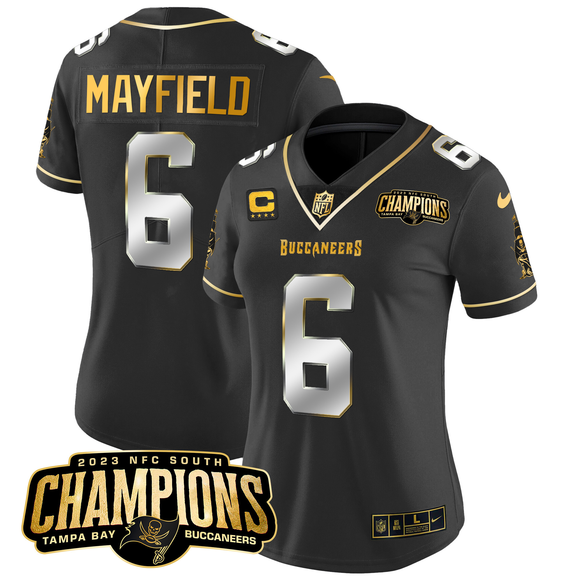 Baker Mayfield Women's Tampa Bay Buccaneers 2023 NFC South Champions Patch Gold Vapor Black Limited Jersey - All Stitched 