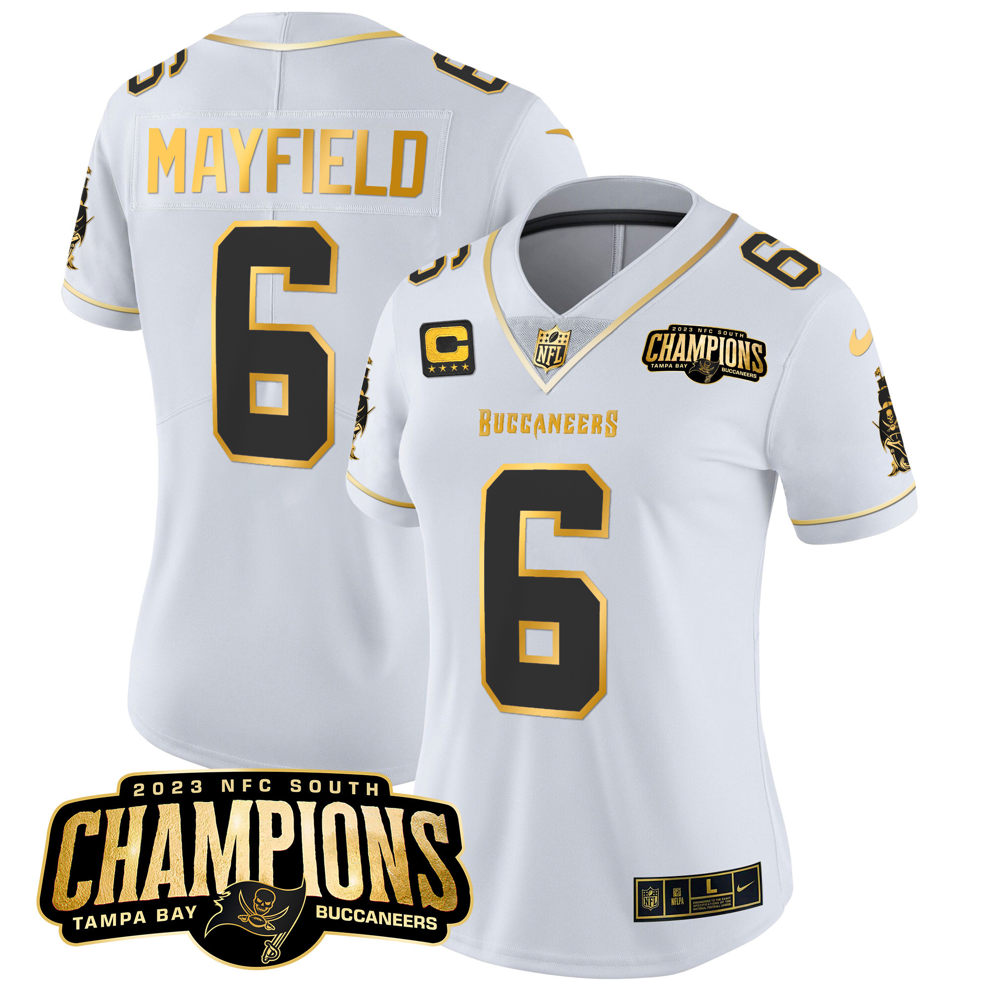Baker Mayfield Women's Tampa Bay Buccaneers 2023 NFC South Champions Patch Gold Vapor White Gold Jersey - All Stitched 