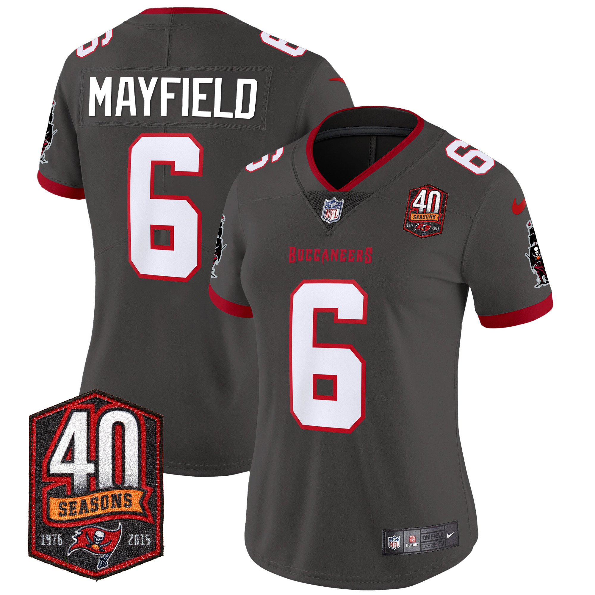 Baker Mayfield Women's Tampa Bay Buccaneers 40th Season Patch Vapor Limited Pewter Jersey - All Stitched 