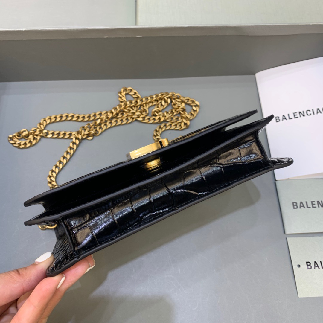 Balenciaga Croc Embossed Patent B Bag With Chain In Black, For Women, Women’s Bags 7.9in/20cm