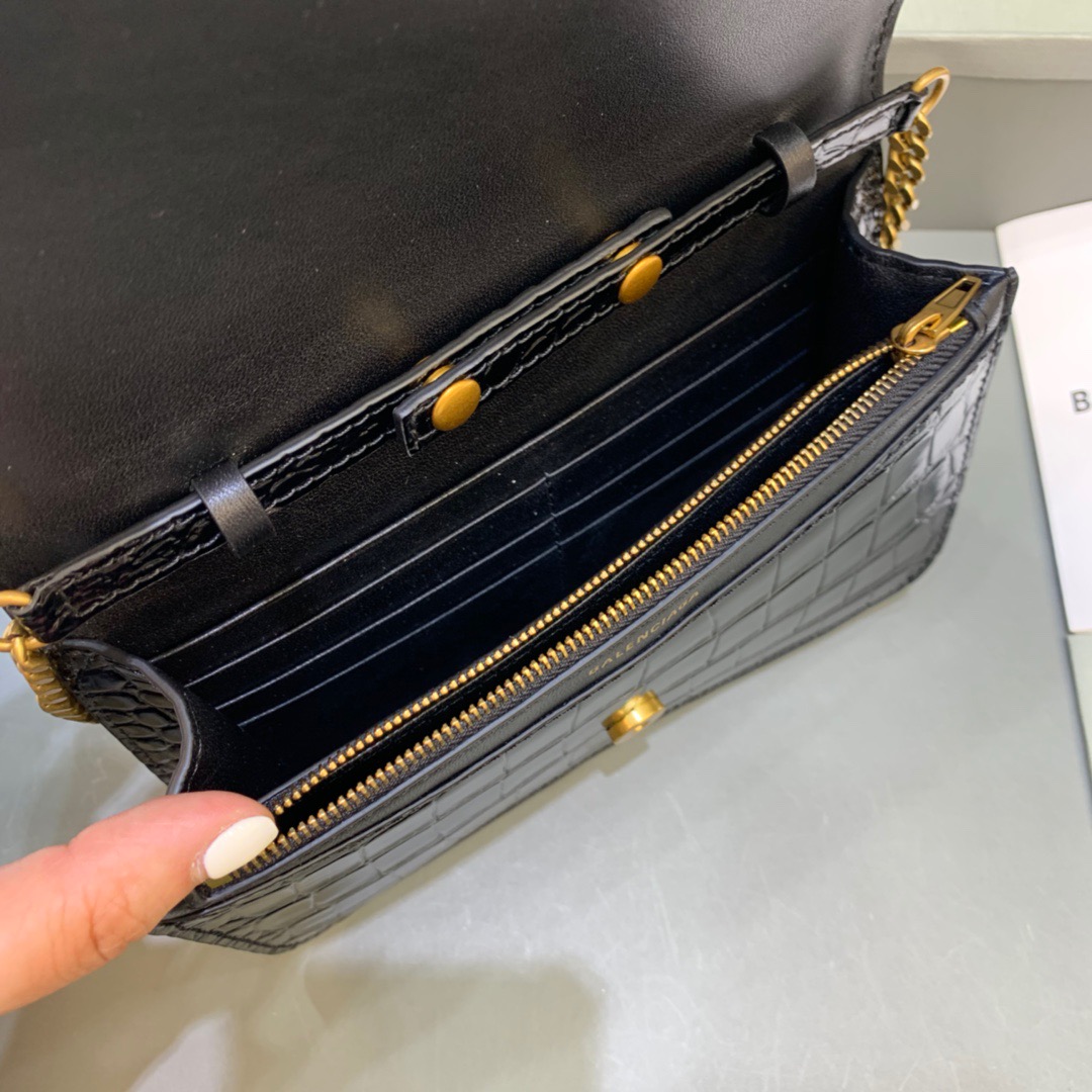 Balenciaga Croc Embossed Patent B Bag With Chain In Black, For Women, Women’s Bags 7.9in/20cm