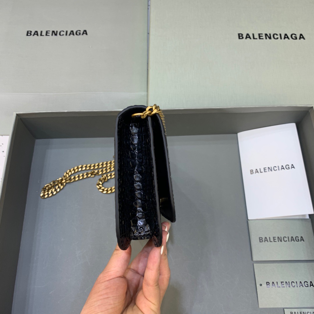 Balenciaga Croc Embossed Patent B Bag With Chain In Black, For Women, Women’s Bags 7.9in/20cm