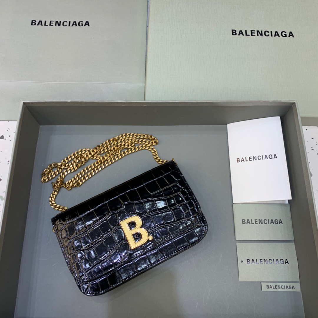 Balenciaga Croc Embossed Patent B Bag With Chain In Black, For Women, Women’s Bags 7.9in/20cm