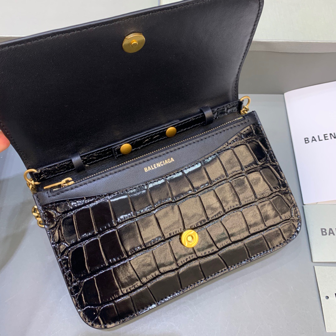 Balenciaga Croc Embossed Patent B Bag With Chain In Black, For Women, Women’s Bags 7.9in/20cm