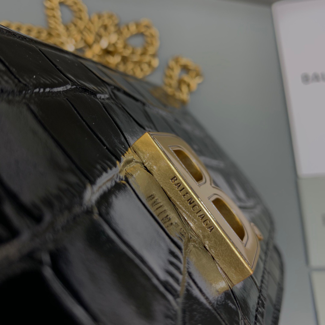 Balenciaga Croc Embossed Patent B Bag With Chain In Black, For Women, Women’s Bags 7.9in/20cm