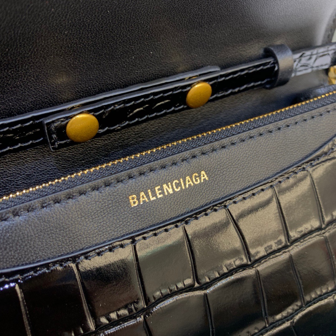 Balenciaga Croc Embossed Patent B Bag With Chain In Black, For Women, Women’s Bags 7.9in/20cm