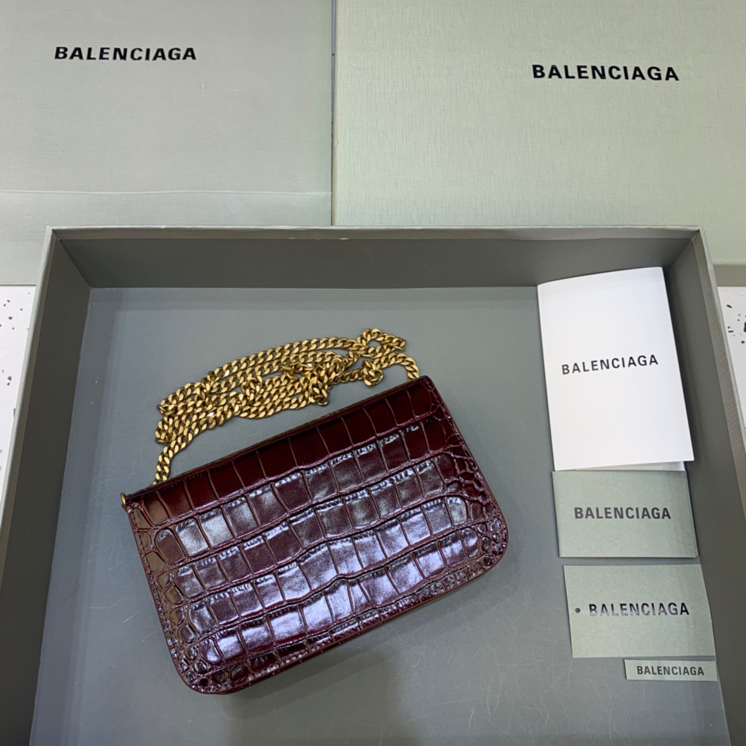 Balenciaga Croc Embossed Patent B Bag With Chain In Dark Red, For Women, Women’s Bags 7.9in/20cm
