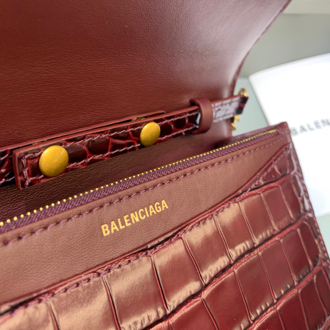 Balenciaga Croc Embossed Patent B Bag With Chain In Dark Red, For Women, Women’s Bags 7.9in/20cm