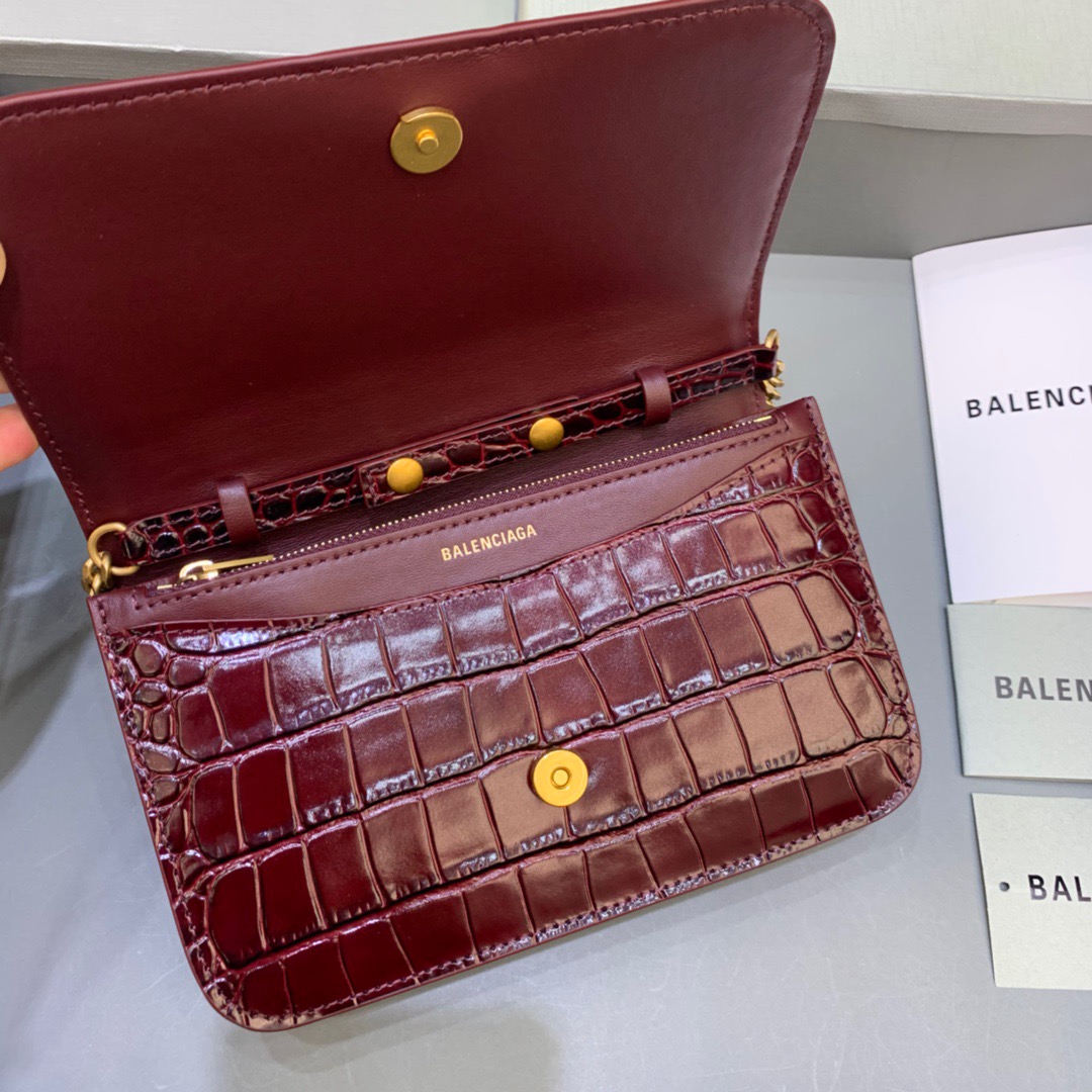Balenciaga Croc Embossed Patent B Bag With Chain In Dark Red, For Women, Women’s Bags 7.9in/20cm