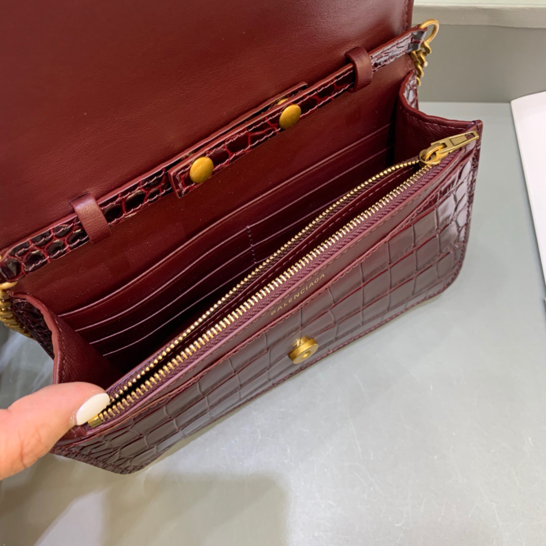 Balenciaga Croc Embossed Patent B Bag With Chain In Dark Red, For Women, Women’s Bags 7.9in/20cm