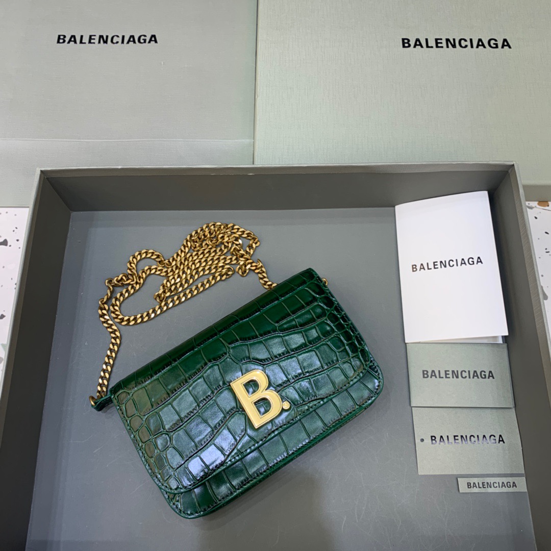 Balenciaga Croc Embossed Patent B Bag With Chain In Green, For Women, Women’s Bags 7.9in/20cm