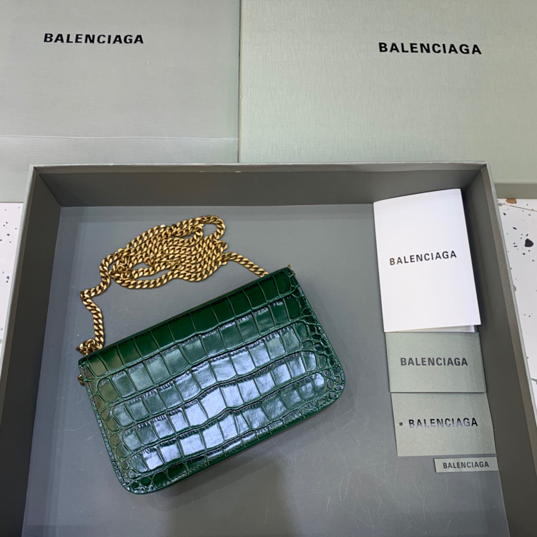 Balenciaga Croc Embossed Patent B Bag With Chain In Green, For Women, Women’s Bags 7.9in/20cm