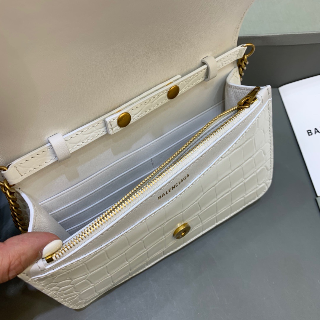 Balenciaga Croc Embossed Patent B Bag With Chain In White, For Women, Women’s Bags 7.9in/20cm