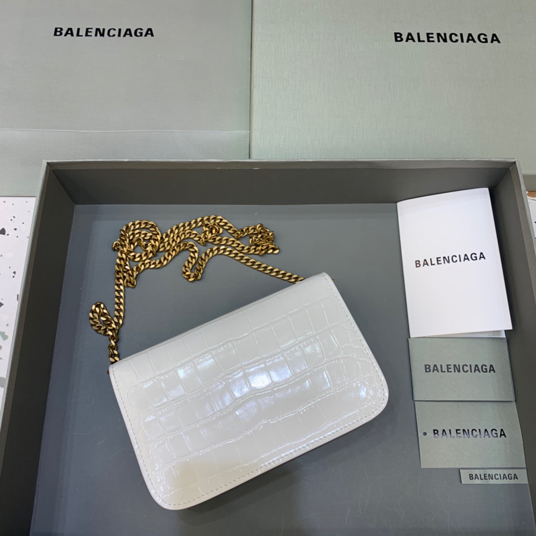 Balenciaga Croc Embossed Patent B Bag With Chain In White, For Women, Women’s Bags 7.9in/20cm