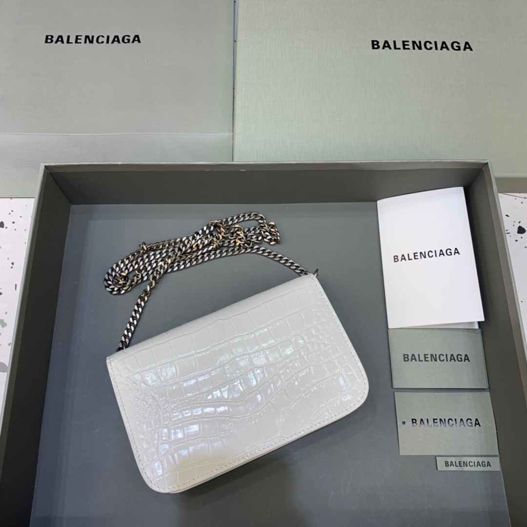 Balenciaga Croc Embossed Patent B Bag With Chain In White, For Women, Women’s Bags 7.9in/20cm