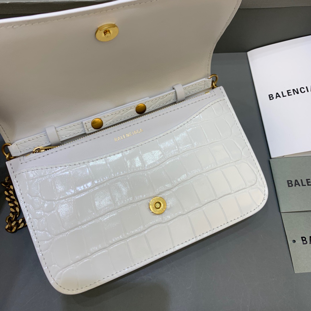 Balenciaga Croc Embossed Patent B Bag With Chain In White, For Women, Women’s Bags 7.9in/20cm