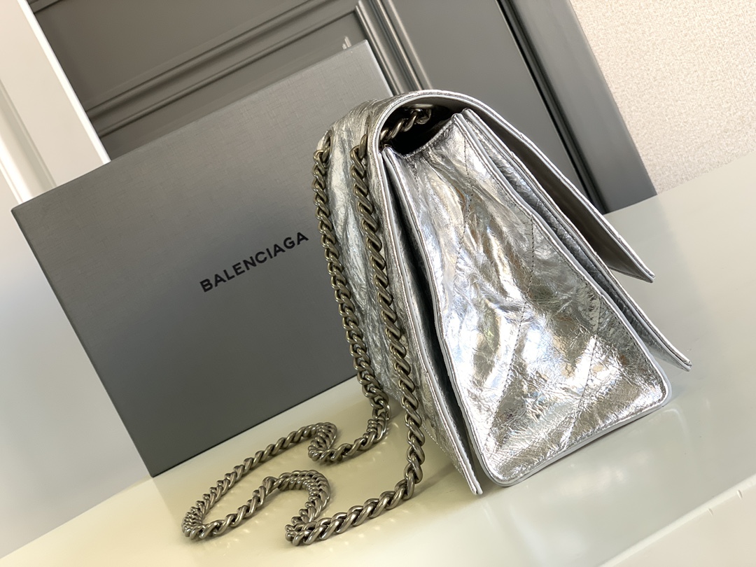 Balenciaga Crush Medium Chain Bag Metallized Quilted In Sliver Tone For Women 12.2in/31cm