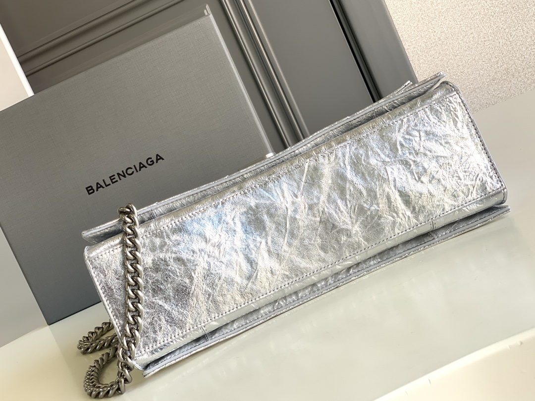 Balenciaga Crush Medium Chain Bag Metallized Quilted In Sliver Tone For Women 12.2in/31cm