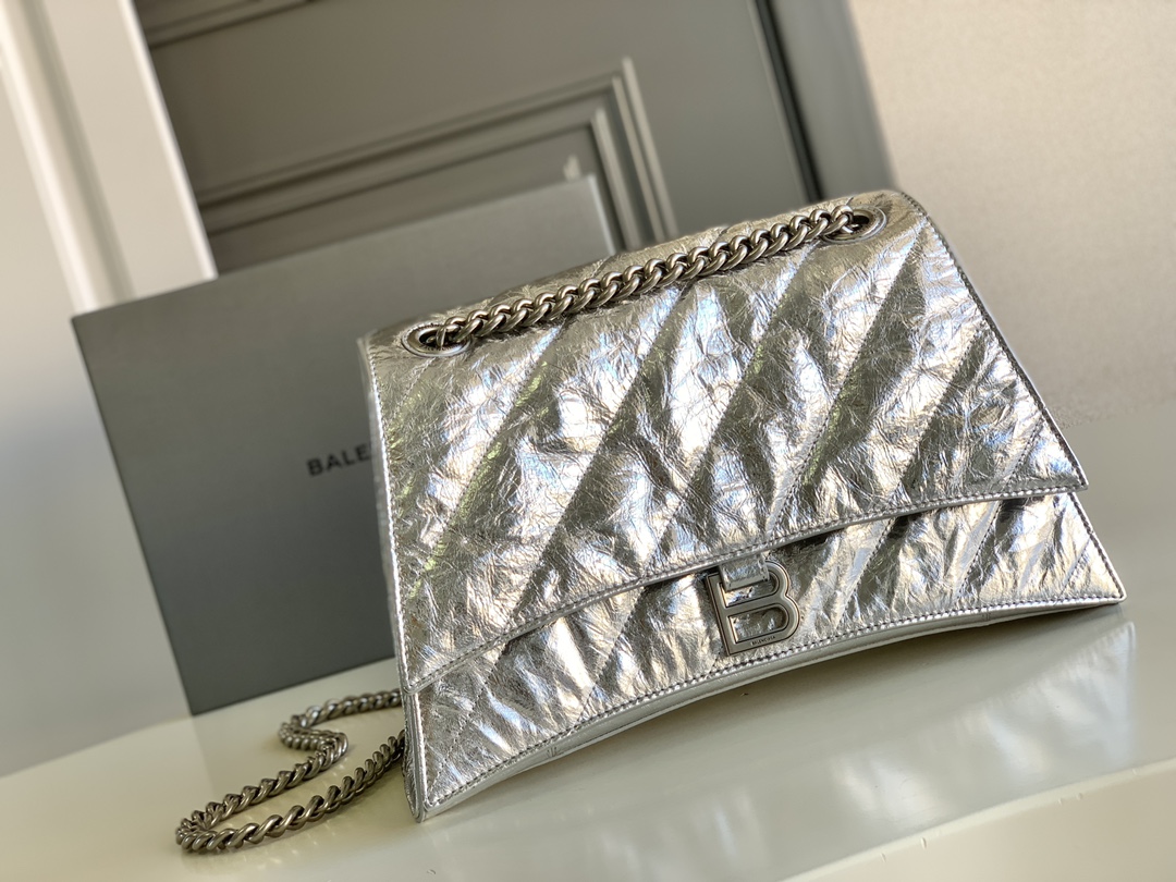 Balenciaga Crush Medium Chain Bag Metallized Quilted In Sliver Tone For Women 12.2in/31cm