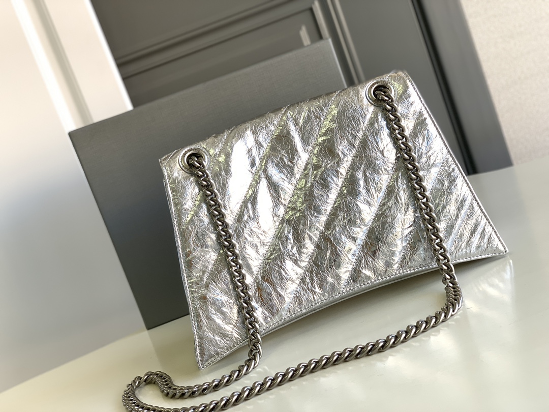 Balenciaga Crush Medium Chain Bag Metallized Quilted In Sliver Tone For Women 12.2in/31cm