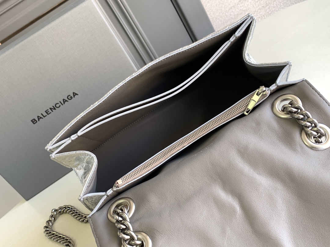 Balenciaga Crush Medium Chain Bag Metallized Quilted In Sliver Tone For Women 12.2in/31cm