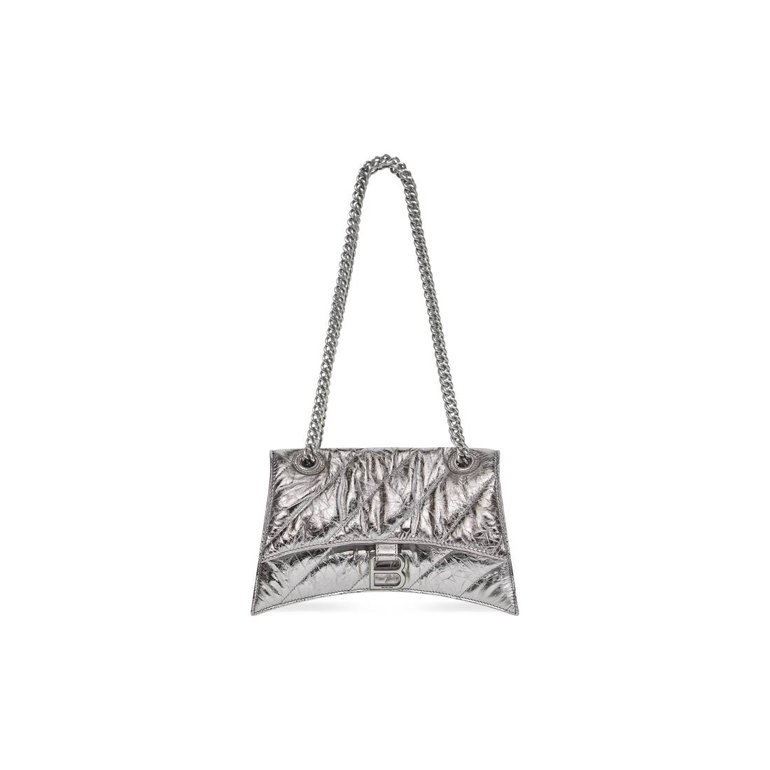 Balenciaga Crush Medium Chain Bag Metallized Quilted In Sliver Tone For Women 12.2in/31cm