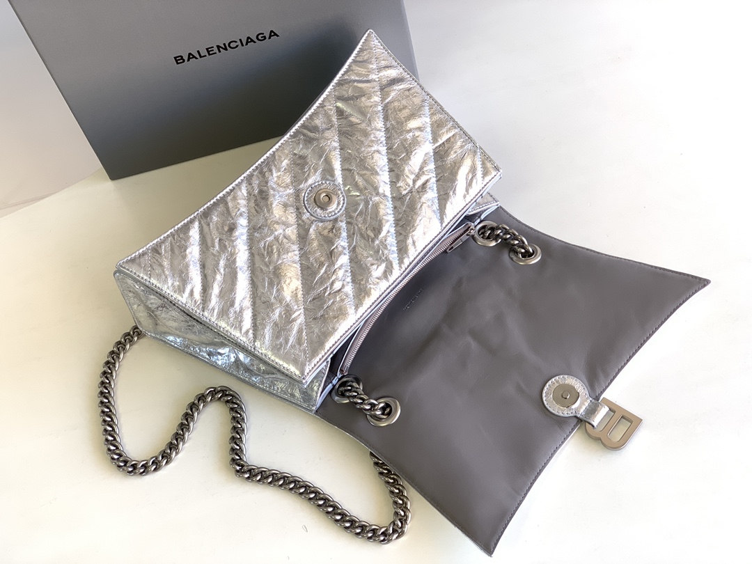 Balenciaga Crush Medium Chain Bag Metallized Quilted In Sliver Tone For Women 12.2in/31cm
