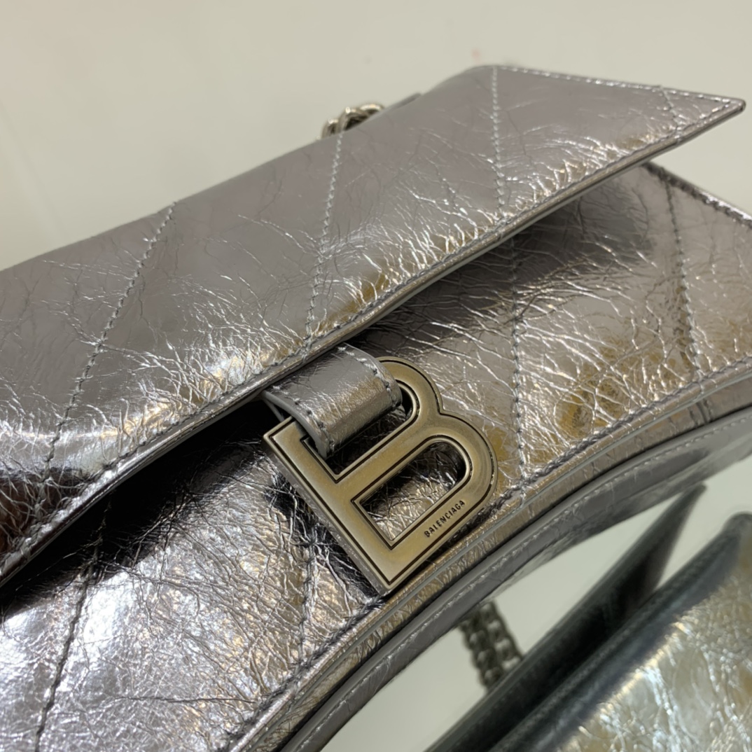 Balenciaga Crush Small Chain Bag Quilted In Sliver Tone For Women 9.8in/25cm 716351210IW8110