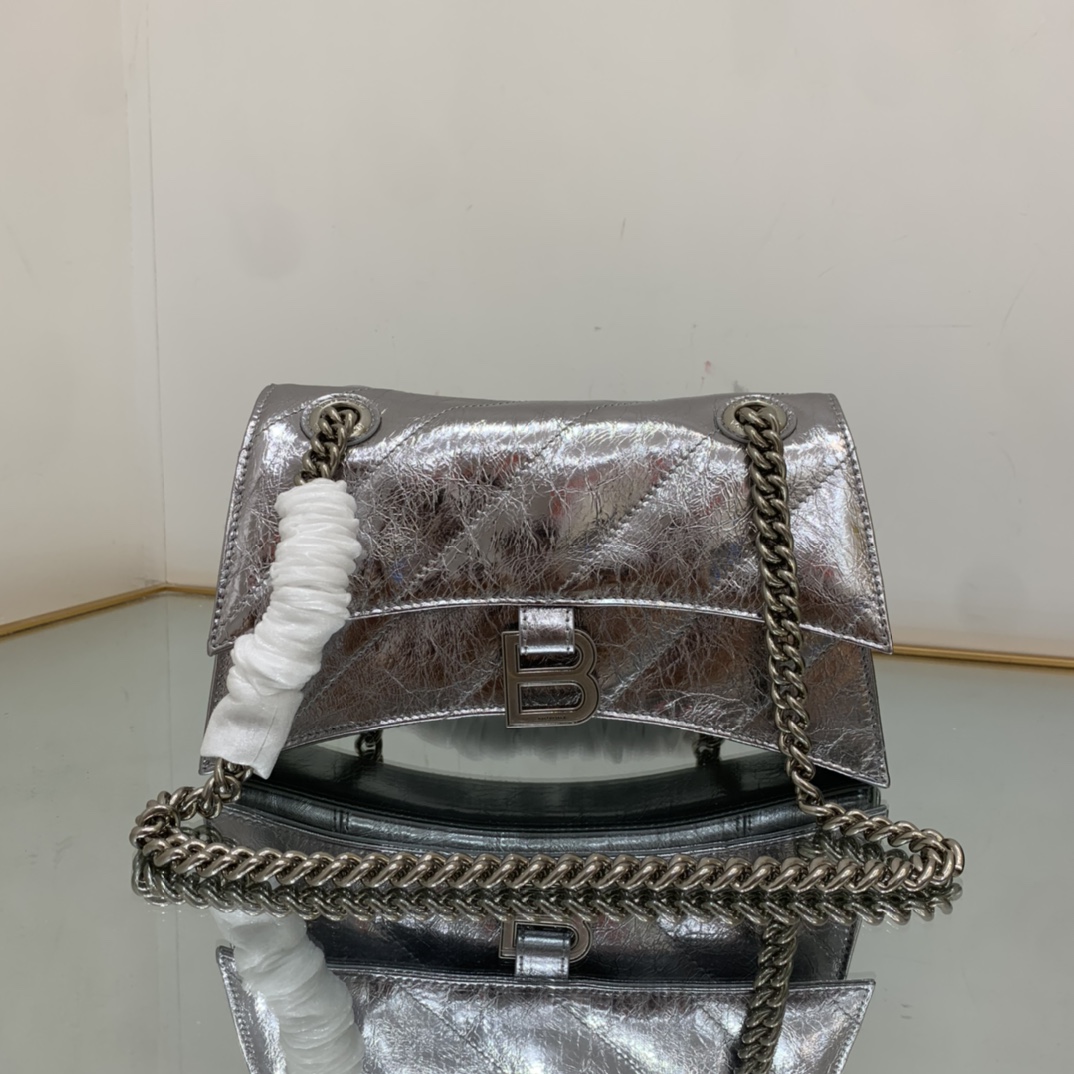 Balenciaga Crush Small Chain Bag Quilted In Sliver Tone For Women 9.8in/25cm 716351210IW8110
