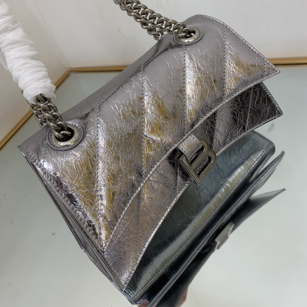 Balenciaga Crush Small Chain Bag Quilted In Sliver Tone For Women 9.8in/25cm 716351210IW8110