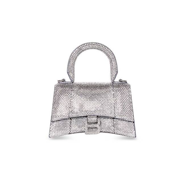 Balenciaga Furry Hourglass Small Handbag With Rhinestones In Grey/Pink/Yellow/Black For Women