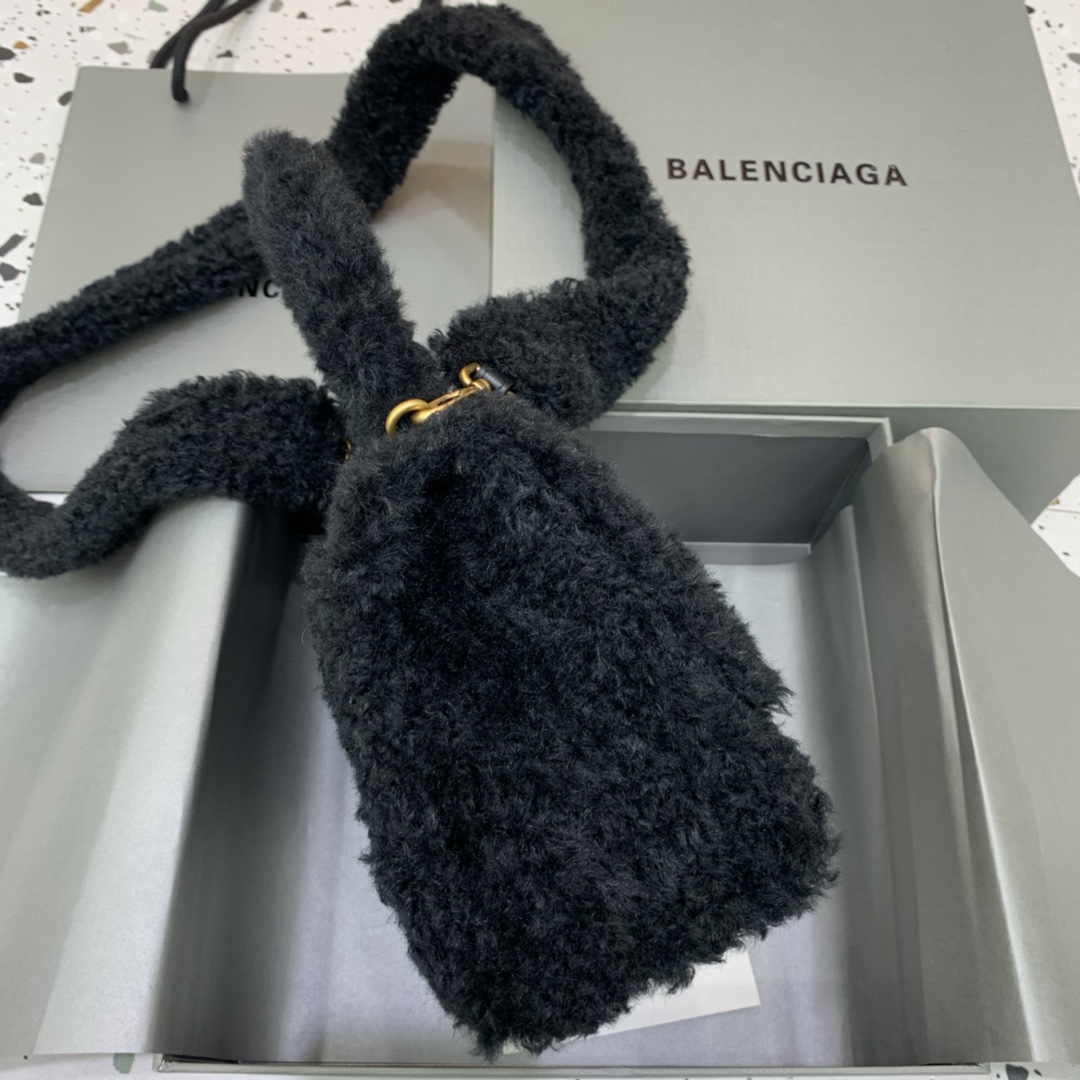 Balenciaga Furry Hourglass Small Handbag With Strap In Black For Women 9.4in/24cm 676365210FU1000