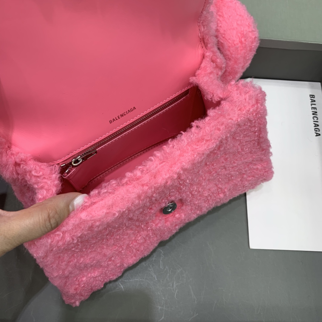 Balenciaga Furry Hourglass Small Handbag With Strap In Pink/Grey For Women 9.4in/24cm
