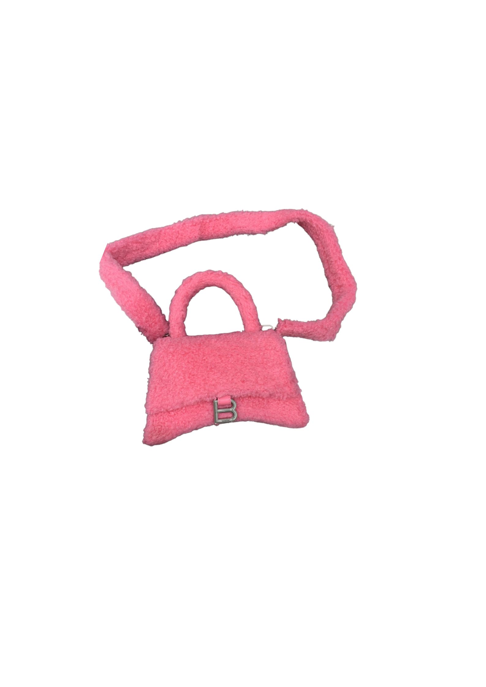 Balenciaga Furry Hourglass Small Handbag With Strap In Pink/Grey For Women 9.4in/24cm