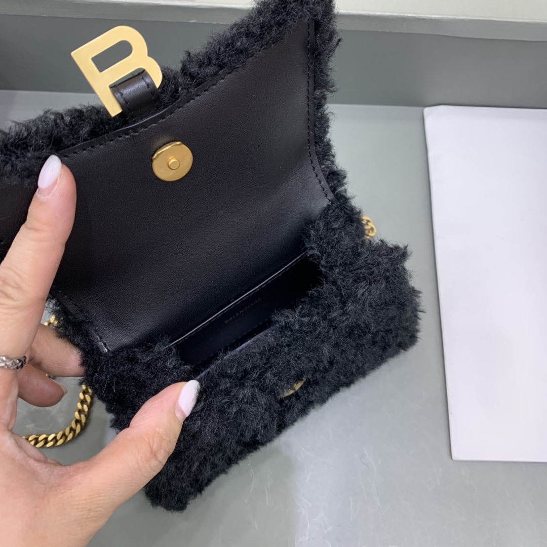 Balenciaga Furry Hourglass XS Handbag With Chain In Black For Women 5.5in/14cm