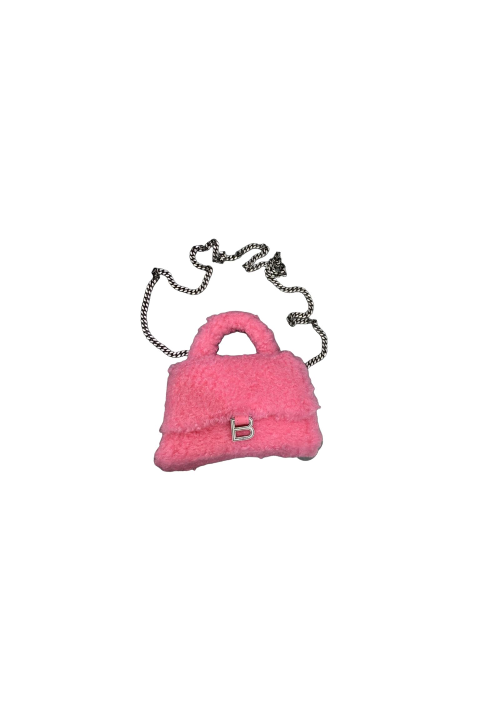 Balenciaga Furry Hourglass XS Handbag With Chain In Pink/Grey For Women 5.5in/14cm