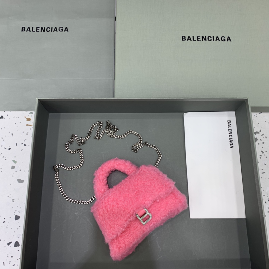 Balenciaga Furry Hourglass XS Handbag With Chain In Pink/Grey For Women 5.5in/14cm