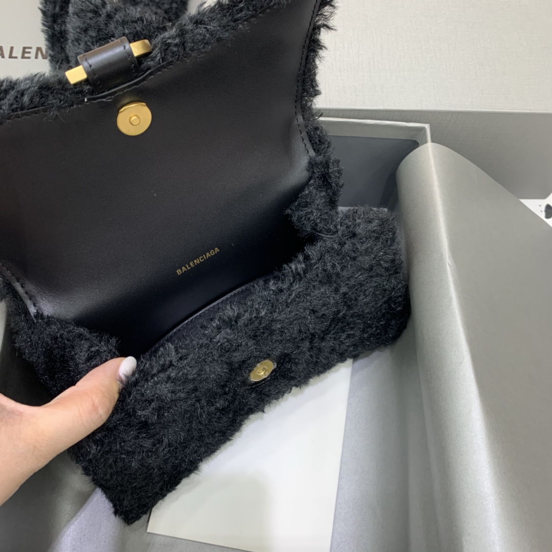 Balenciaga Furry Hourglass XS Handbag With Strap In Black For Women 7.4in/19cm