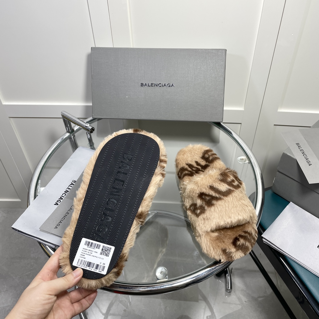 Balenciaga Furry Slide Sandal Allover Logo Beige For Women