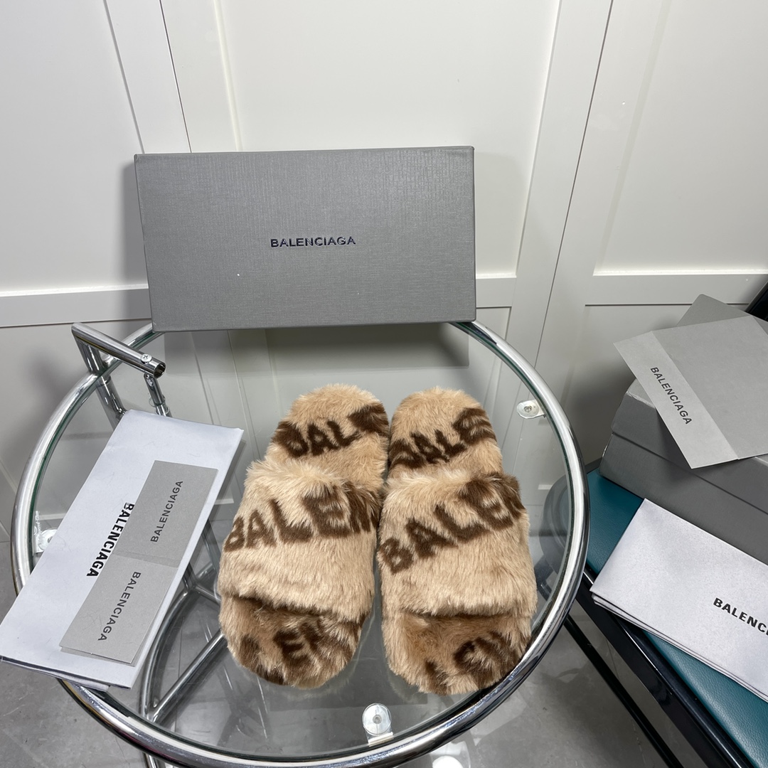 Balenciaga Furry Slide Sandal Allover Logo Beige For Women