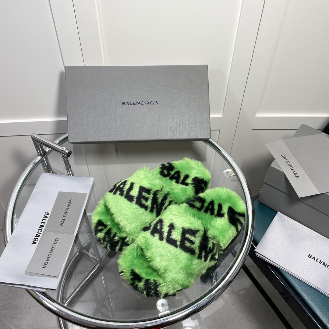 Balenciaga Furry Slide Sandal Allover Logo Green For Women